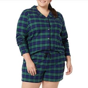2 Piece Blackwatch Tartan Flannel Pajama Set with Shorts - Green Navy